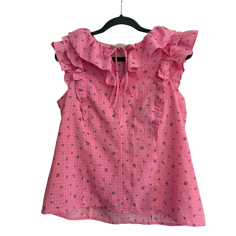 LOFT Pink Floral Ruffle Tie-Neck Blouse
